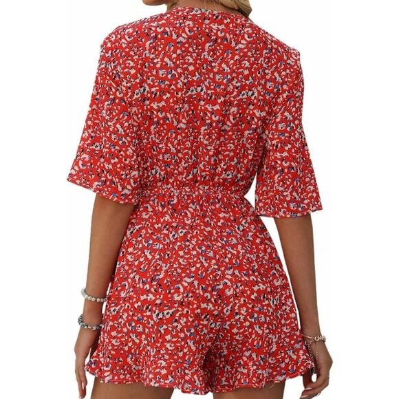 Bonkwa orange/red floral romper, lightweight & flowy, spring/summer,  M - Picture 4 of 8